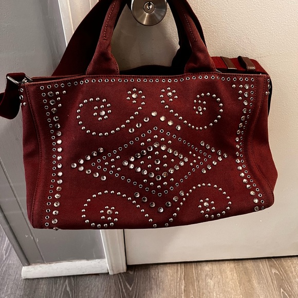 PRADA burgundy tote denim material. Strap for crossbody. Silver studs. - Picture 3 of 12